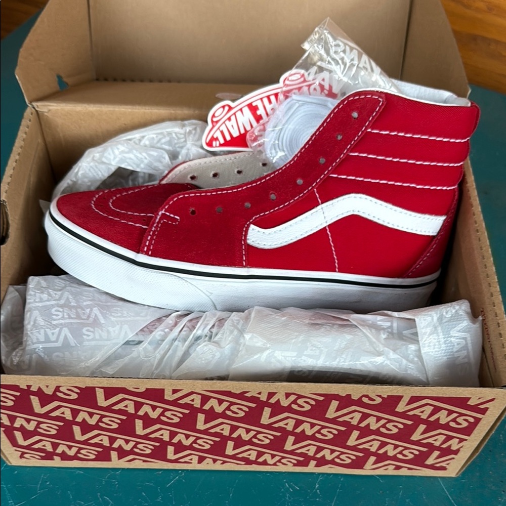 Vans Red and White High-Top Sneakers